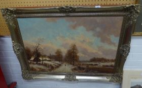 CONTINENTAL SCHOOL (MODERN) OIL PAINTING ON CANVAS DUTCH PASTICHE STYLE WINTER LANDSCAPE,