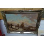 CONTINENTAL SCHOOL (MODERN) OIL PAINTING ON CANVAS DUTCH PASTICHE STYLE WINTER LANDSCAPE,