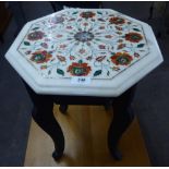 A MIDDLE EASTERN SMALL OCCASIONAL TABLE, WITH OCTOGNAL WHITE MARBLE TOP WITH PIERRA DURA FLORAL