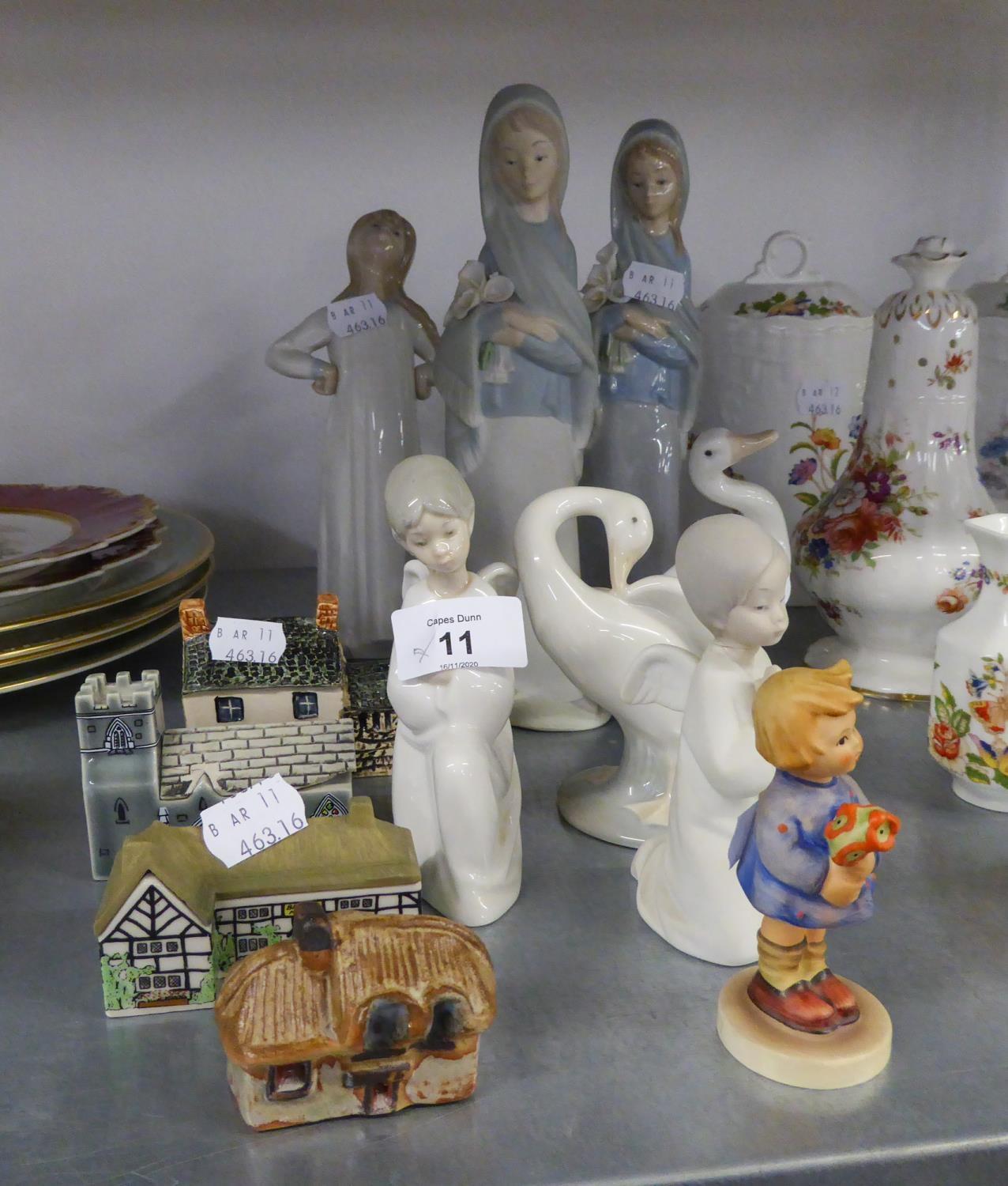 TWO WADE POTTERY MINIATURE BUILDINGS AND TWO OTHERS,  LLADRO, SPANISH PORCELAIN FIGURE OF THE VIRGIN