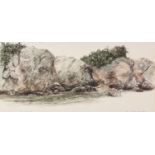 B. HITCHISEN (Norwich) WATERCOLOUR DRAWING 'Rocks and Boat' Signed and titled in pencil 6 1/4" x 13"