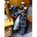 TWO GOLF BAGS, CONTAINING VARIOUS GOLF CLUBS, TO INCLUDE; KING COBRA TITANIUM WOOD, VARIOUS TITLEIST