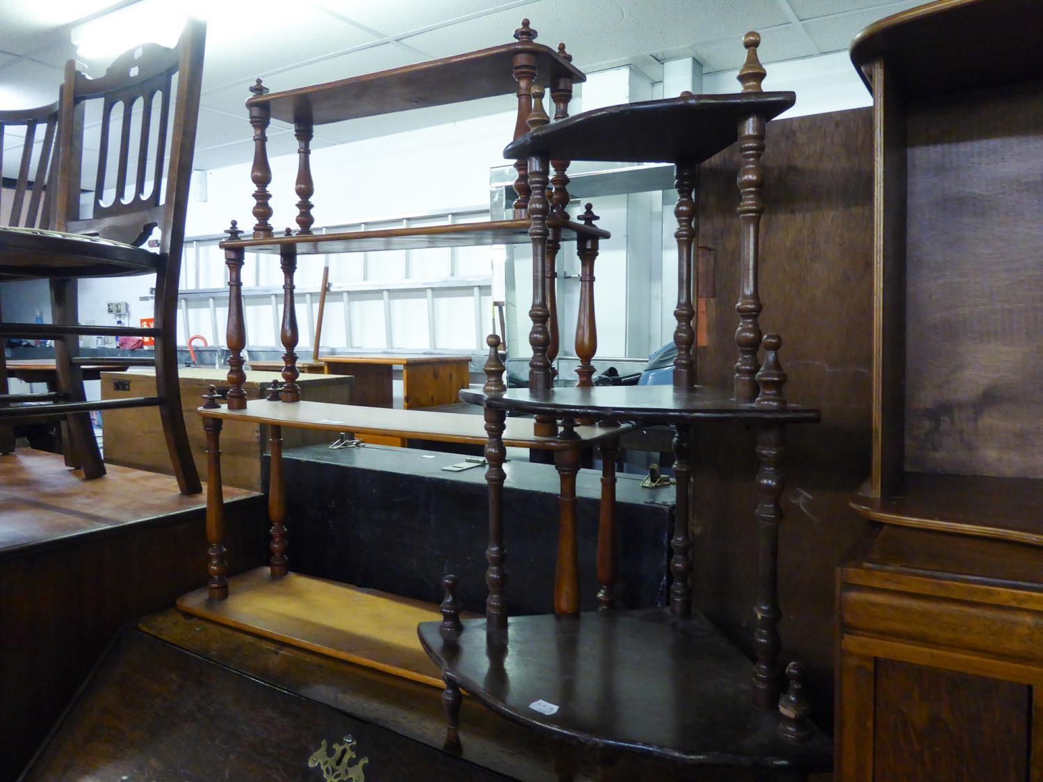 VICTORIAN MAHOGANY WALL RACK WITH FOUR GRADUATED SHELVES, WITH BALUSTER SUPPORTS AND ANOTHER SMALLER