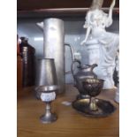 GERALD BENNEY FOR VINERS, TALL PART TEXTURED ENGLISH PEWTER JUG OR PITCHER, together with FOUR OTHER