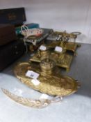 AN EMBOSSED CAST BRASS INKSTAND, AN EMBOSSED CAST BRASS INKSTAND WITH TWO INKWELLS AND A SET OF