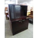 A GOOD QUALITY 'GORDON RUSSELL' CABINET, WITH SLIDING GLASS UPPER SECTION (MATCHING OFFICE DESK)