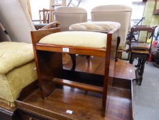 ART DECO FIGURED WALNUT OBLONG DRESSING STOOL, ON END PANEL SUPPORTS, UPHOLSTERED DROP-IN SEAT