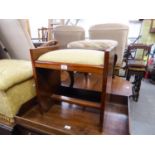 ART DECO FIGURED WALNUT OBLONG DRESSING STOOL, ON END PANEL SUPPORTS, UPHOLSTERED DROP-IN SEAT