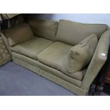 TWO SQUARE BACKED SETTEES, ONE THREE SEATER AND ONE TWO SEATER, COVERED IN FAWN PLUSH FABRIC  (2)