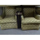 A PAIR OF SEMI-WINGED LOUNGE CHAIRS, COVERED IN CHECK PATTERN FAWN AND GREEN FABRIC