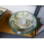 A LARGE POTTERY TOILET BOWL, A DOULTON BUNNYKINS PLATE AND TWO CHINA RIBBON PLATES