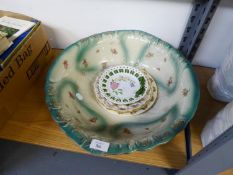 A LARGE POTTERY TOILET BOWL, A DOULTON BUNNYKINS PLATE AND TWO CHINA RIBBON PLATES