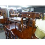A REPRODUCTION MAHOGANY SQUARE TOP CABRIOLE LEG TABLE, WITH DRAWER, ALSO A REPRODUCTION CARVED