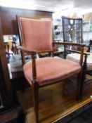 A SMALL MAHOGANY OPEN ARM EASY CHAIR, IN PINK VELVET