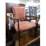 A SMALL MAHOGANY OPEN ARM EASY CHAIR, IN PINK VELVET