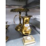 AN ANTIQUE BRASS CIRCULAR PEDESTAL KETTLE STAND; PIERCED BRASS OBLONG BOX AND AN INDIAN ENGRAVED