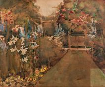 UNATTRIBUTED (TWENTIETH CENTURY) WATERCOLOUR DRAWING Back garden with flowerbedsUnsigned 11 ½? x 14?