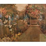 UNATTRIBUTED (TWENTIETH CENTURY) WATERCOLOUR DRAWING Back garden with flowerbedsUnsigned 11 ½? x 14?