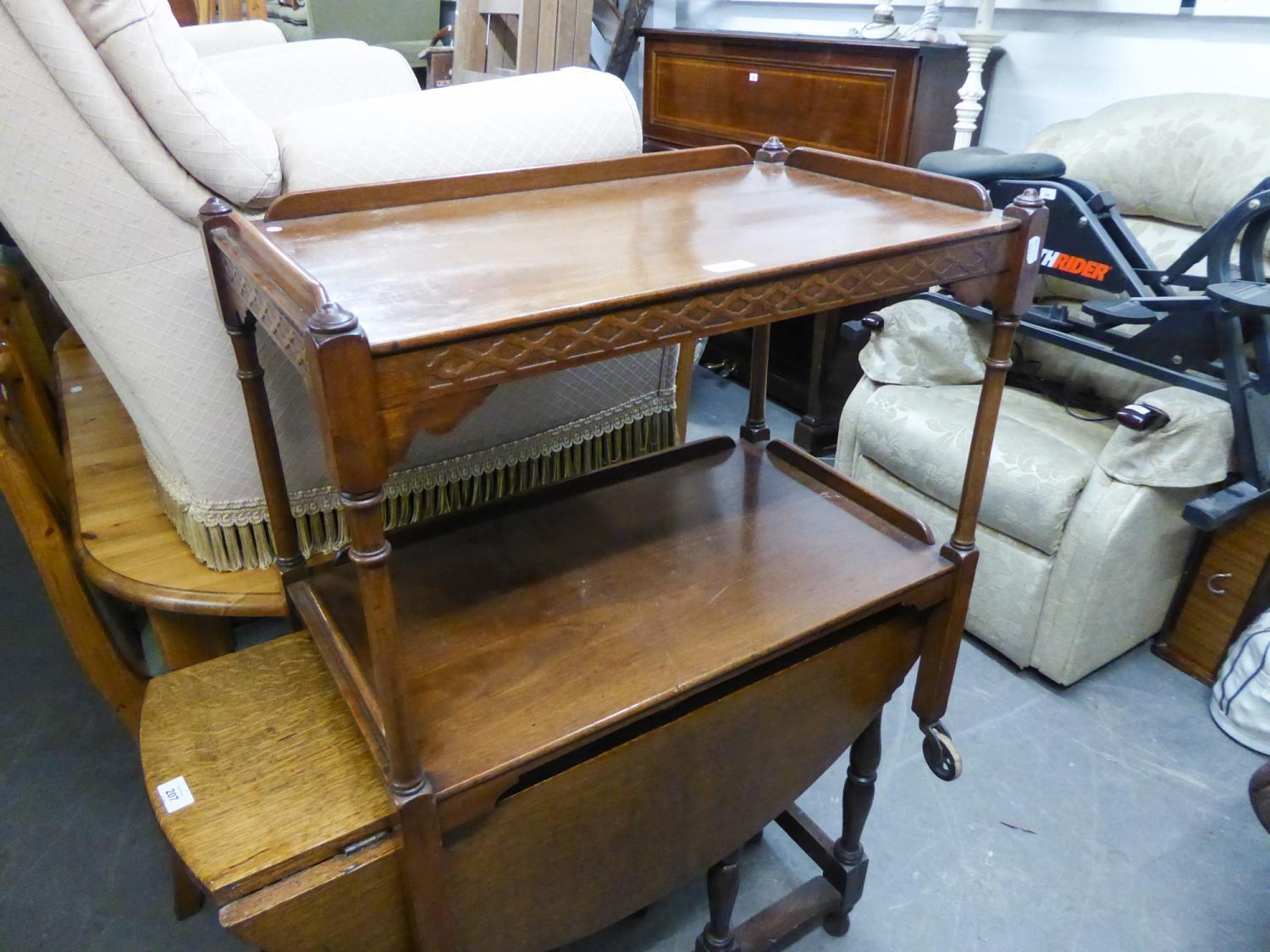 A BLIND FRET CARVED MAHOGANY TWO TIER TEA TROLLEY