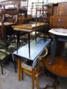A FORMICA TOPPED KITCHEN FALL-LEAF TABLE, TWO KITCHEN CHAIRS, A 1960's TWO TIER COFFEE TABLE, A