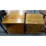 TWO MODERN PINE BEDSIDE PEDESTALS, ONE WITH TWO DRAWERS AND ONE WITH A SINGLE DRAWER AND AN OPEN