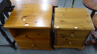 TWO MODERN PINE BEDSIDE PEDESTALS, ONE WITH TWO DRAWERS AND ONE WITH A SINGLE DRAWER AND AN OPEN