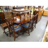 A REPRODUCTION MAHOGANY TWIN PILLAR DINING TABLE AND SIX  HEPPLEWHITE STYLE DINING CHAIRS (4 +2) (