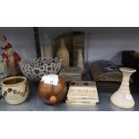 MODERN STUDIO POTTERY, three vases, candleholder, (a/f), two short candlesticks, bowl, small wall