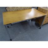 A LIGHT OAK OBLONG WRITING TABLE, ON CHROME FRAME WITH DETACHABLE CHROME LEGS, 4'9" LONG