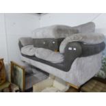 A LARGE MODERN SETTEE WITH MATCHING LOUNGE CHAIR AND A MATCHING SQUARE BOX STOOL, COVERED IN GREY