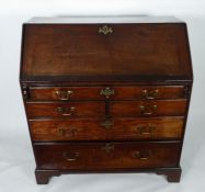 GEORGE III OAK AND MAHOGANY CROSSBANDED BUREAU, of typical form, the interior fitted with drawers