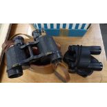 A PAIR OF FIELD BINOCULARS IN LEATHER CASE AND A PAIR OF MODERN FOLD-AWAY BINOCULARS (2)