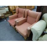 A PAIR OF WINGED FIRESIDE ARMCHAIRS, COVERED IN PATTERN PINK SILK TAPESTRY (2)