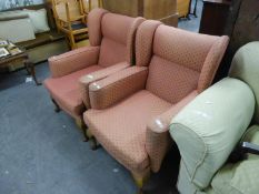 A PAIR OF WINGED FIRESIDE ARMCHAIRS, COVERED IN PATTERN PINK SILK TAPESTRY (2)