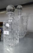 A CUT GLASS LARGE TEAR SHAPED WINE DECANTER AND GLOBULAR STOPPER; BRIERLEY HEAVY CUT GLASS SQUARE