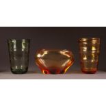 THREE PIECES OF WHITEFRIARS LOBED GLASS FROM THE 1940?s/50?s, comprising: GOLDEN AMBER BOWL, 5 ½? (