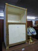 A LOOM BEDSIDE CUPBOARD AND TWO BRASS TABLE LAMPS WITH FANCY GLASS SHADES (3)