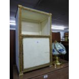 A LOOM BEDSIDE CUPBOARD AND TWO BRASS TABLE LAMPS WITH FANCY GLASS SHADES (3)