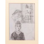 UNATTRIBUTED (NINETEENTH CENTURY CONTINENTAL SCHOOL) THREE SMALL PENCIL DRAWINGS ON BLUE/GREY