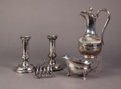 FIVE PIECES OF ELECTROPLATE, comprising: MAPPIN & WEBB PART FLUTED HOT WATER EWER, badly dented,