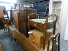 INLAID MAHOGANY PIANO STOOL HAVING SHAPED ENDS, OAK BEDSIDE CUPBOARD AND AN OAK TWO DOOR