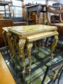 A NEST OF TWO MARBLE EFFECT AND GILT METAL COFFEE TABLES (2)