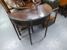 MAHOGANY D-END FOLD OVER CARD TABLE ON SLENDER LEGS WITH CASTORS