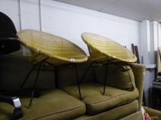 PAIR OF RETRO ICONIC TUB SHAPED WOVEN CHAIRS ON METAL BASE AND A PAIR OF SPEAKERS