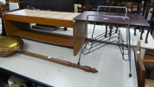 RETRO MAHOGANY AND CHROME MAGAZINE RACK AND A TEAK EFFECT TILE TOPPED COFFEE TABLE (2)