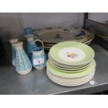 SUSIE COOPER - SIX SIDE PLATES, 6 SAUCERS WITH GREEN AND GILT BANDED BORDERS, BOURNE DENBY CONDIMENT
