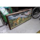 A LARGE PICTORIAL NEEDLEWORK TAPESTRY, LANDSCAPE WITH TIGERS, 18? X 44?, FRAMED AND GLAZED