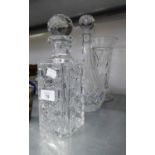 A CUT GLASS LARGE TEAR SHAPED WINE DECANTER AND GLOBULAR STOPPER; BRIERLEY HEAVY CUT GLASS SQUARE