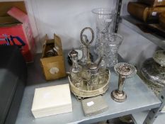 PLATED CRUET SET WITH FOUR GLASS BOTTLES, TWO WITH PLATED LIDS, SHIP IN A BOTTLE, SMALL QUANTITY