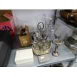 PLATED CRUET SET WITH FOUR GLASS BOTTLES, TWO WITH PLATED LIDS, SHIP IN A BOTTLE, SMALL QUANTITY